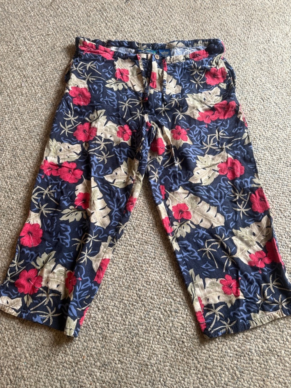 Women’s Navy Floral Capris with Red Hibiscus Print